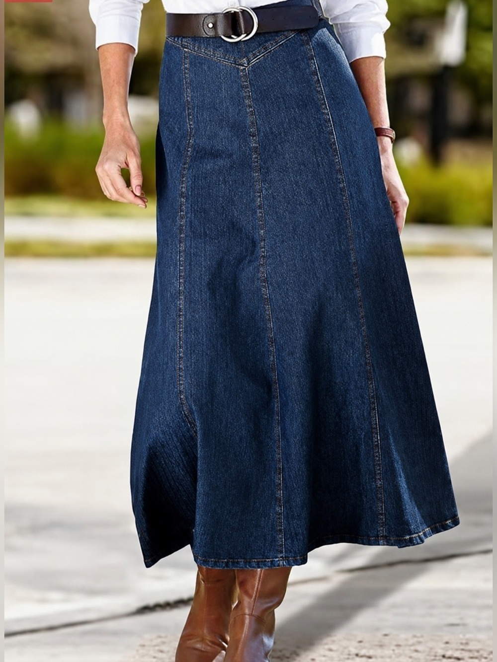 Flamingals Wash Stitch Detail High Rise Long Denim Skirt